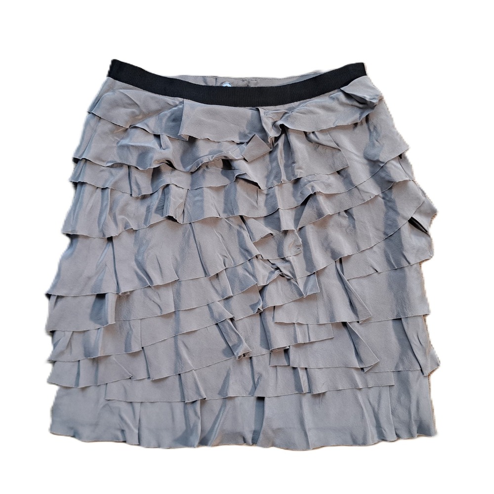 Club Monaco Grey 100% Silk Tiered Ruffle Mini Skirt Size 2 Exposed Back Zip